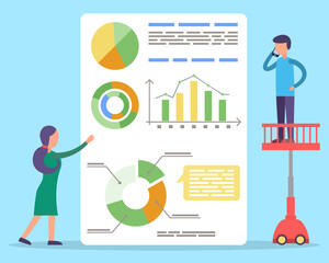 Fototapete - Man and woman looking on statistics diagrams. People tell about project metrics on presentation. Board with financial and analytics information. Vector illustration of working process in flat style