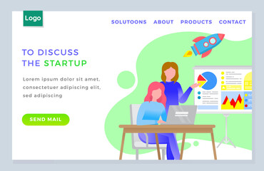 Fototapete - Two women discussing about startup strategy. People working together on new project. Team searching for creative ideas and solutions for business. Vector illustration of website in flat style