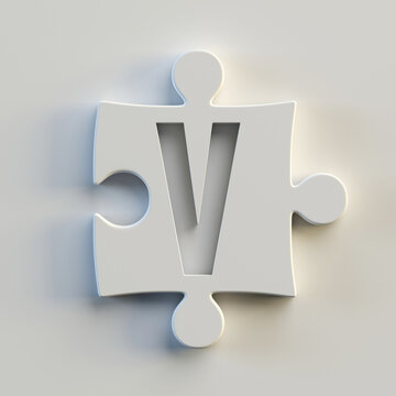 Jigsaw font 3d rendering, puzzle piece letter V