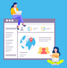 Fototapete - Developer woman working with laptop wireless device. Website social network with global location symbol. Employee female character communicating with webpage in computer isolated on blue vector