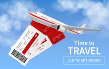 Flights Banner. Realistic Airplane In Sky International Transportation, Travel Foreign Vacation, Express Delivery, Online Ticket Reserved Flight Promo Service Vector Poster With Copy Space
