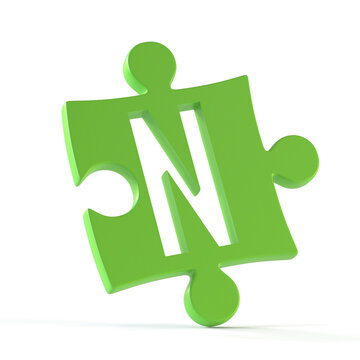 Jigsaw font 3d rendering, puzzle piece letter N