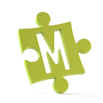 Jigsaw font 3d rendering, puzzle piece letter M