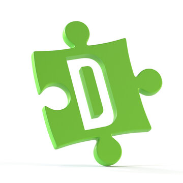 Jigsaw font 3d rendering, puzzle piece letter D
