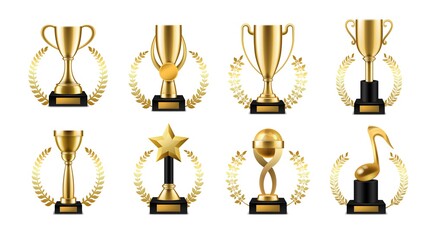 Wall Mural - trophy cup with golden laurel. realistic gold sports or music winner awards, victory goblet with wre