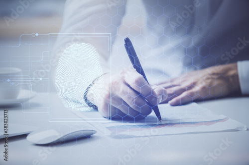 Cuadros en Lienzo Fingerprint scan provides safe access with biometrics identification, concept of the future of security and password control through advanced technology