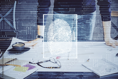 Cuadros en Lienzo Fingerprint scan provides safe access with biometrics identification, concept of the future of security and password control through advanced technology