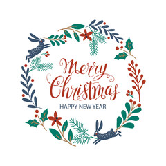 Wall Mural - hand drawn lettering poster merry christmas. greeting card. christmas wreath. vector