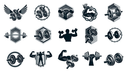 Wall Mural - Gym fitness sport emblems and logos vector set isolated with barbells dumbbells kettlebells and muscle body man silhouettes and hands, athletics workout sport club, active lifestyle.