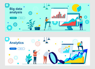 Poster - Big data analysis landing page with people characters. Expert research and data analysis web banners set. Business analytics and statistics information vector illustration great for social media cover