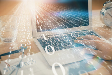 Aufkleber - Businessman with computer background with technology theme hologram. Concept of big data. Double exposure.