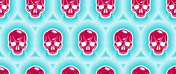 Seamless skulls background, vector pattern with crazy sculls, horror and death theme, Hard Rock and Rock N Roll subculture prints textile, hazard and danger.