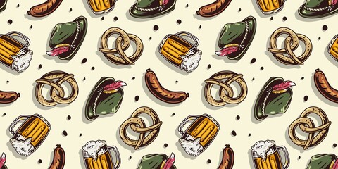 Pattern wallpaper with beer mug, pretzel and hat