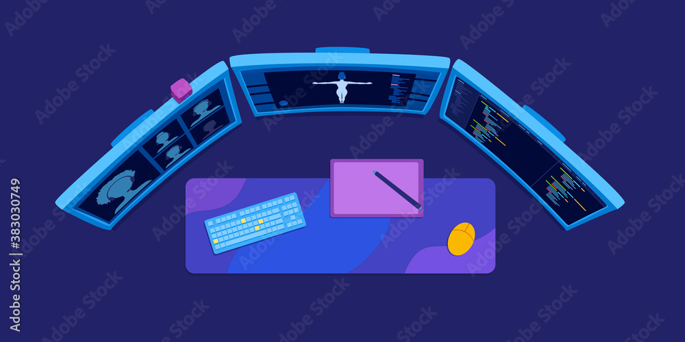 Computer Programmers Table Top View A programmer, developer, digital artist workplace table. Workspace with ...