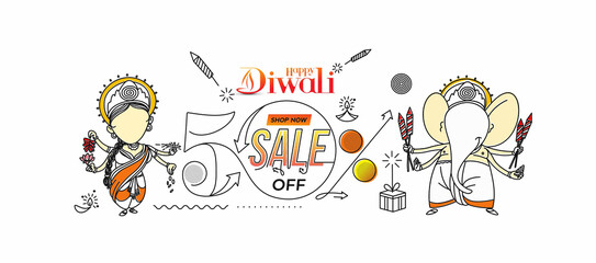  Diwali Hindu festival Poster, Abstract Flat 50% Sale Poster Banner Vector illustration.