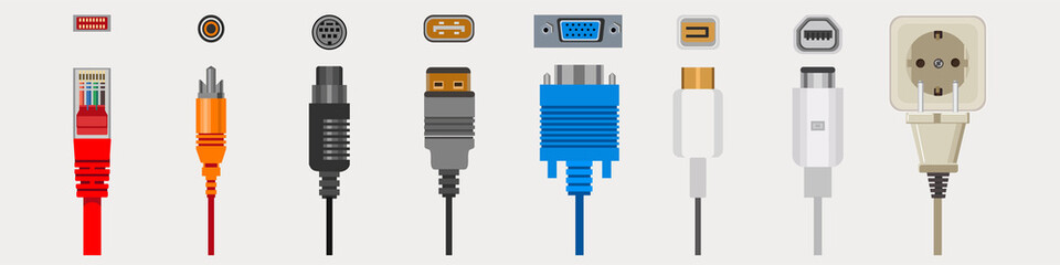 Connection cables and connectors, wiring and audio or video adapters, plugs isolated icons vector. Ethernet network port, HDMI and DVI or RCA. Electric appliance and technology devices linking