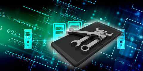 3d illustration wrench and spanner in mobile phone