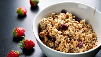 Wall Mural - muesli and berries fruits pouring in bowl - slow motion
