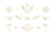 Vector Line Elegant Decoration Design Elements Set - Wings And Gesture Hands Illustrations Minimal Linear Style