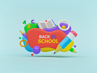 Poster - Back to school background with flying abstract geometric shapes. poster, banner design. 3d rendering