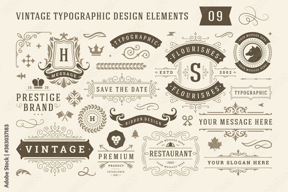 Vintage typographic design elements set vector illustration. - obrazy, fototapety, plakaty 