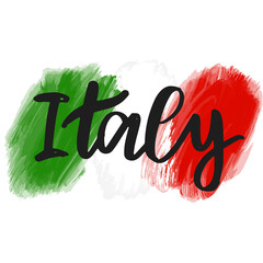 Sticker - Italy hand painted lettering. Name of European country. Brush Ink illustration. Modern calligraphy sign and flag solated on white background.