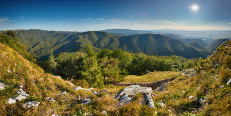 Wall Mural - beautiful landscape with mountain and forest at sunrise, slovakia fatra