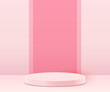 © hobbitfoot - Abstract scene background. Cylinder podium on pink background with leaves. Product presentation, mock up, show cosmetic product, Podium, stage pedestal or platform.
