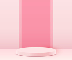 Wall Mural - Abstract scene background. Cylinder podium on pink background with leaves. Product presentation, mock up, show cosmetic product, Podium, stage pedestal or platform.