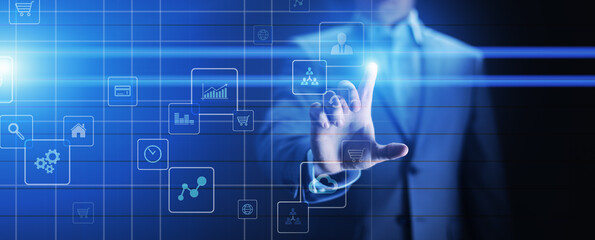 Application icons on virtual screen. Technology and business concept.