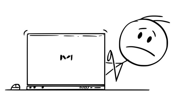 Vector cartoon stick figure drawing conceptual illustration of sad or frustrated man, office worker or businessman typing on computer and looking from behind laptop.