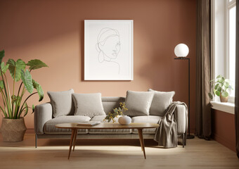 Wall Mural - 3d render of a grungy pale red room with a grey sofa an art canvas and many plants and flowers	
