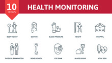 Health Monitoring Icon Set. Collection Contain Hospital, Doctor, Blood Pressure, Body Weight And Over Icons. Health Monitoring Elements Set
