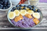 Fototapeta Mapy - Blueberry Overnight Oats with Banana, Peanut Butter and Chia Seeds