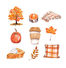 Fall Watercolor Illustration Set, Isolated. Pumpkin Spice Latte Coffee Cup, Pumpkin, Pillow, Blanket, Maple Tree, Apple Pie, Candle And Leaf. Warm Orange Color Palette. Autumn Hand Painted Graphic.