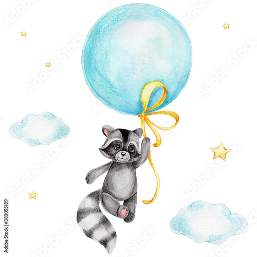 Fototapeta na szkło Cute cartoon raccoon flying on a blue air balloon; watercolor and colored pencils illustration; with white isolated background