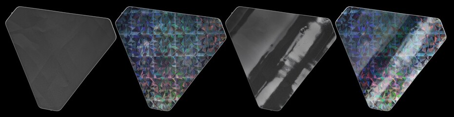 triangular shiny foil sticker with cool holographic color surface on real paper sheet isolated on black background. macro photo of nice holo sticker. sticker set.