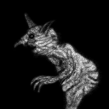 An eared gray creature looking left, A goblin or a mutant or an alien on a black background, digital painting, concept for suspense and horror.