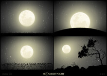 Moonlight Landscapes. Full Moon In Night Starry Sky. Black White Set
