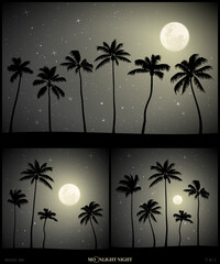 Sticker - Landscape with palm trees on beach on moonlight night. Dark mysterious background with full moon in starry sky. Black and white vector illustration set for use in polygraphy, design, decor