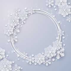 Wall Mural - christmas paper cut snowflake and circle frame on light purple blue background, vector abstract orig