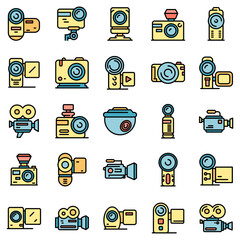 Poster - Camcorder icons set. Outline set of camcorder vector icons thin line color flat on white