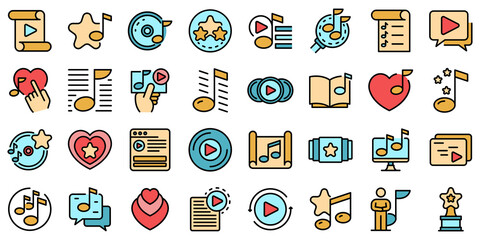 Poster - playlist icons set. outline set of playlist vector icons thin line color flat on white