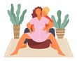 Birth position technique on fitball, man husband help pregnant woman during birth pains, female with belly spread legs wide, comfortable posture for birthing, useful illustration, partner help wife