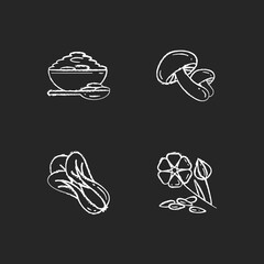 Sticker - Healthy grains chalk white icons set on black background. Organic shiitake mushrooms. Eco seed meal ingredients. Natural grains variety. Isolated vector chalkboard illustrations