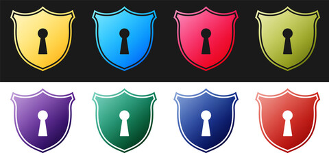 Poster - Set Shield with keyhole icon isolated on black and white background. Protection and security concept. Safety badge icon. Privacy banner. Defense tag. Vector.