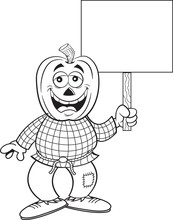 Black And White Illustration Of A Scarecrow With A Pumpkin For A Head Holding A Sign.