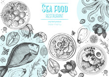 Vintage Seafood Frame Vector Illustration. Hand Drawn With Ink. Cooked Seafood Dish On The Table Top View. Engraved Style Image