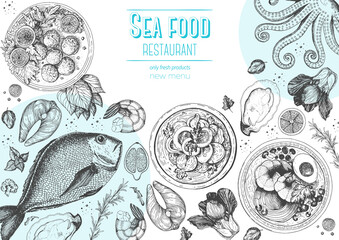 Vintage seafood frame vector illustration. Hand drawn with ink. Cooked seafood dish on the table top view. Engraved style image