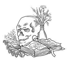 Human Skull And A Book With Spells. Halloween Witchcraft Magic. Secret Knowledge. Hand Drawn Sketch Vector. Mystic And Occult Illustration.